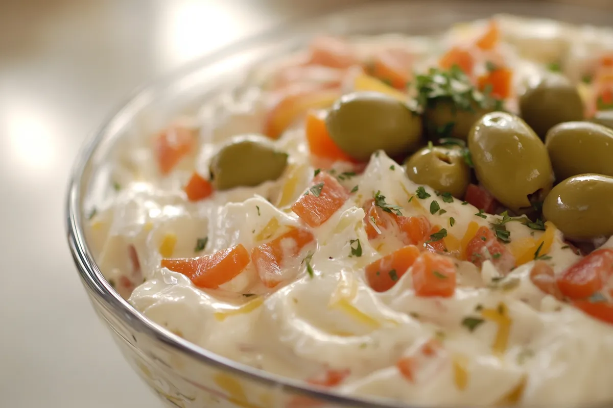 Tips for Green Olive Dip 㮝 Ingredients: - 2 8-ounce packages cream cheese, softened 燎 - cup mayonnaise 籠 - 1 teaspoon onion powder 暈 - - 1 teaspoon garlic powder - 6 ounces green olives with pimento drained, save the brine 㮝 - 3 tablespoons olive brine optional 蓼 Recipe in First Ꮯ.O.Ꮇ.Ꮇ.Ꭼ.N.Ꭲ Enjoy 