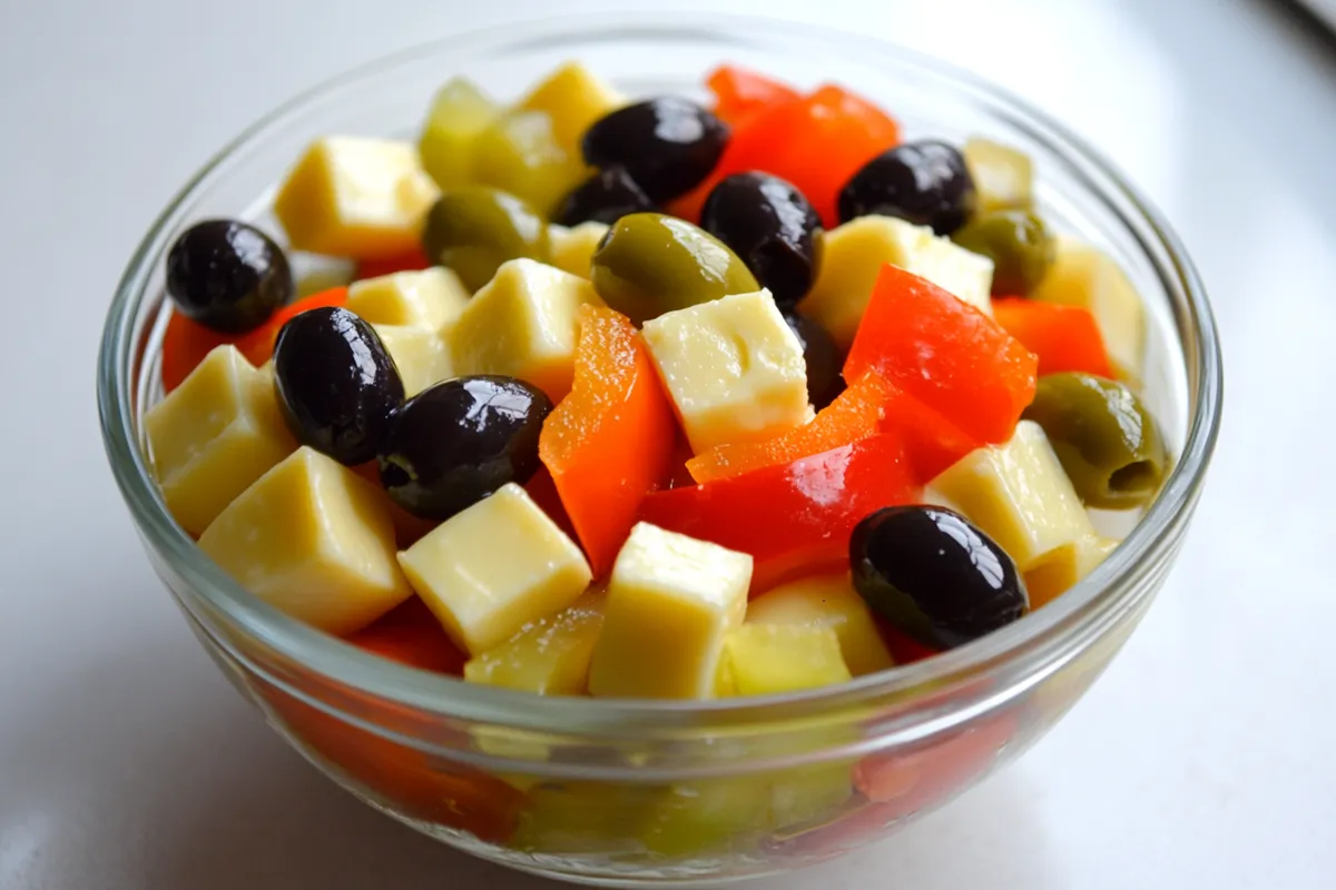 Tips for Marinated Cheese and Olives 燎 Ingredients: - 6 ounces sharp cheddar cheese, cubed 燎 - 3 ounces Havarti cheese, cubed 燎 - 1 bell pepper, sliced 𣏕 - 1/4 cup black olives 㮝 - 1/4 cup green olives stuffed with pimentos 㮝 - 1 tablespoon olive oil - 1 tablespoon white distilled vinegar - 1/2 teaspoon dried Italian herbs Instructions: 1. In a mixing bowl, combine all ingredients and stir well to coat everything evenly . 2. Cover and refrigerate for 2 hours. Before serving, allow it to sit at room temperature for 15 minutes . Enjoy this flavorful appetizer! 