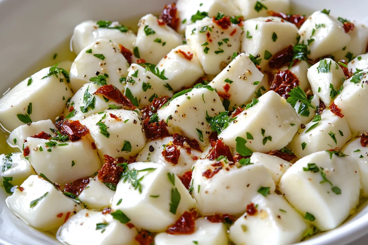Tips for Marinated Mozzarella 燎 Ingredients: - 1 pound part-skim mozzarella cheese, cubed 燎 - 1/2 cup olive oil 㮝 - 1 tablespoon fresh parsley, minced - 1 tablespoon sun-dried tomatoes, finely chopped - 2 teaspoons fresh basil, chopped - 1 teaspoon fresh chives, minced - 1 teaspoon crushed red pepper flakes - 1/4 teaspoon garlic powder 龍 - 1/4 teaspoon kosher salt 蓼 Instructions: 1. In a medium-sized bowl, whisk together the olive oil, herbs, and spices 籠. 2. Gently fold in the mozzarella cubes until evenly coated 燎. 3. Cover the bowl and refrigerate for 1-2 hours, stirring occasionally to ensure flavors blend well 略. 4. Serve chilled with toothpicks for easy snacking .