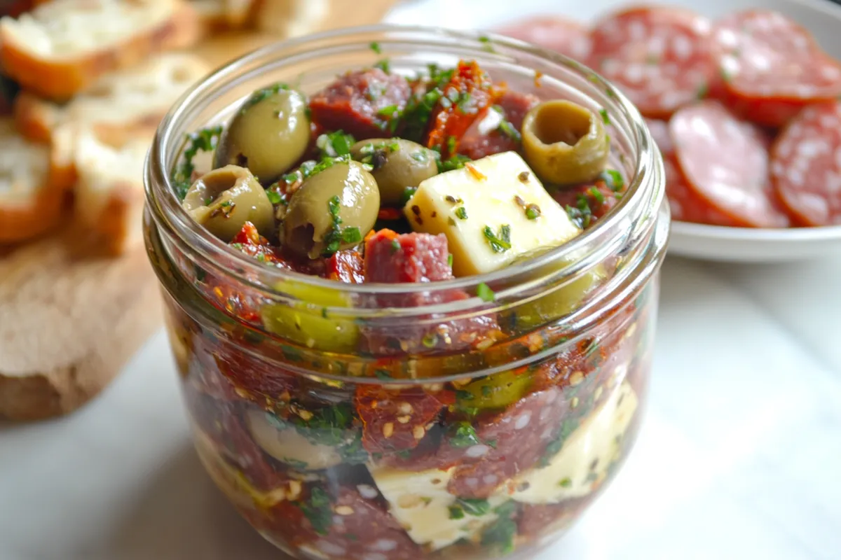 Tips for Easy Marinated Cheese Appetizer with Salami & Green Olives 燎㮝 Ingredients: - 6 oz Havarti Cheese, diced into bite-sized cubes Roth Original Havarti recommended 燎 - 1/2 cup sun-dried tomatoes - 1 cup salami, diced into bite-sized cubes - 1/2 cup green olives 㮝 - 1/2 cup cornichons 勒 - 2 tbsp fresh basil, roughly chopped - 1 cup Garlic Expressions or your favorite Italian-style vinaigrette 龍 Instructions: 1. Add all ingredients to a medium-sized mixing bowl and stir to combine 北. 2. Transfer to a mason jar or place in a bowl, cover with plastic wrap, and refrigerate 流. 3. Serve immediately or let it marinate in the fridge for up to a week in an airtight container 籠. Enjoy this savory marinated cheese appetizer!
