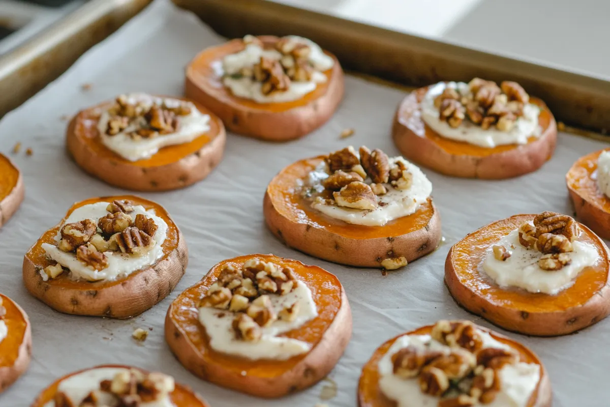 Tips for Walnut Maple Goat Cheese Roasted Sweet Potatoes Ingredients: - 3 medium sweet potatoes - 1/3 cup melted unsalted butter 杻 - 1 teaspoon cinnamon - 1/2 teaspoon salt 蓼 - 1/2 teaspoon pepper - 1/3 cup maple syrup 2 tablespoons - 1/3 cup chopped walnuts 樂 - 1 teaspoon thyme - 1/2 teaspoon cinnamon - 3 oz goat cheese crumbled Instructions: 1. Clean and slice the sweet potatoes into 1/2-inch rounds, keeping the skin on or peeling as preferred 凜. 2. Preheat your oven to 200C / 400F . 3. Toss the sweet potato slices in a bowl with melted butter, cinnamon, salt, and pepper. Alternatively, mix in a ziplock bag by shaking it well . 4. Arrange the slices on a baking tray in a single layer, leaving space for browning. Bake for 25-30 minutes until fork-tender; baking time may vary with slice thickness . 5. While baking, combine maple syrup, chopped walnuts, cinnamon, and thyme in a bowl 籠. 6. After baking, remove the tray from the oven and top each sweet potato slice with about 1 teaspoon of the walnut-maple mixture . 7. Return to the oven and bake for another 8-10 minutes . 8. Once finished, sprinkle crumbled goat cheese over the warm roasted sweet potatoes 燎. 9. Serve as is or with an extra drizzle of maple syrup on top, if desired! 