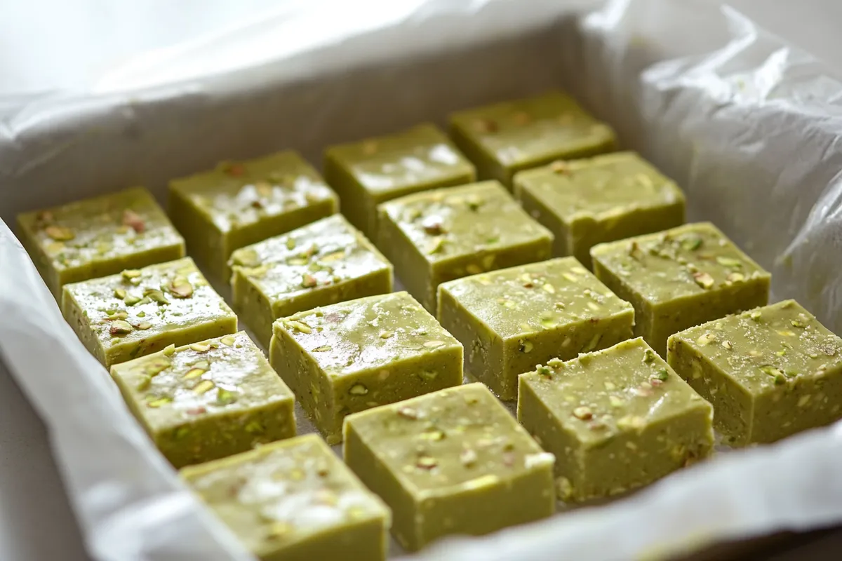Tips for Pistachio Fudge Ingredients: - 3/4 cup white chocolate chips - 6 tablespoons butter 杻 - 1/3 cup water - 1 package 4-serving size instant pistachio pudding mix - 3 cups powdered sugar - 1/2 cup shelled pistachios Instructions: 1. Line an 8x8 square baking pan with foil and set aside. 2. In a large microwave-safe bowl, melt the white chocolate chips, butter, and water on high for 1 minute. Stir until the chocolate chips are fully melted. If necessary, heat for another 30 seconds. 3. Add the dry pudding mix into the chocolate mixture and stir until well combined. Gradually add the powdered sugar, one cup at a time, and mix thoroughly. Fold in the shelled pistachios. 4. Press the fudge mixture into the prepared pan. Place in the fridge for 2 hours to set. 5. Once set, remove the fudge from the pan and peel off the foil. Use a sharp knife to cut it into squares. Store the fudge in an airtight container. 