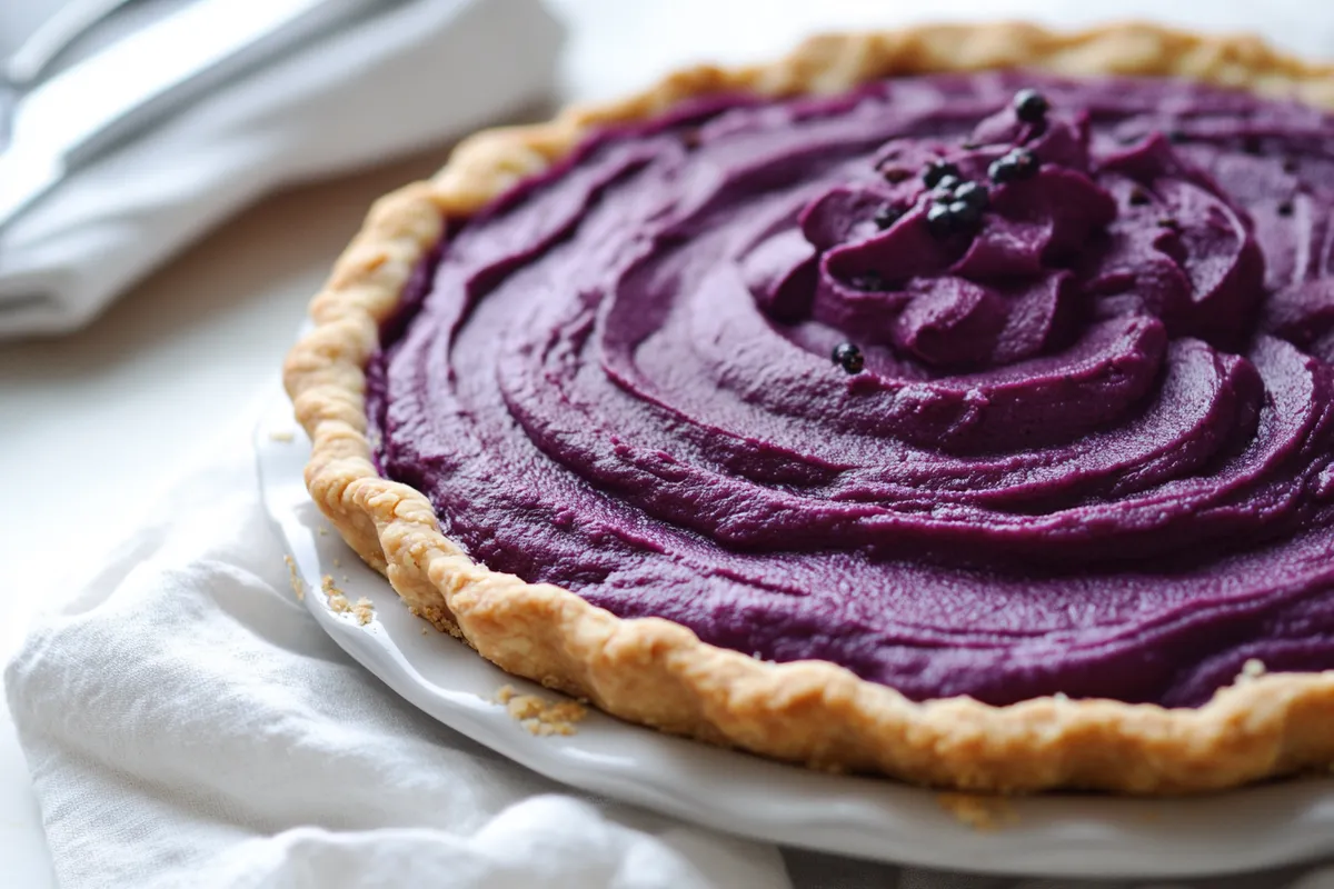Tips for Purple Sweet Potato Pie 不 Ingredients: - 1 pounds purple sweet potatoes - 4 tablespoons unsalted butter softened 杻 - 3 large eggs lightly beaten 讀 - 1 cup packed brown sugar - 1 cup canned coconut milk shaken 便 - 1 teaspoon vanilla extract - teaspoon ground ginger powder - teaspoon table salt 蓼 - teaspoon ground cardamom - teaspoon ground cinnamon - 9-inch pie crust store-bought or homemade 不 Instructions: 1. Preheat the oven to 425F. Pierce the sweet potatoes with a fork and bake them on a sheet pan until tender, about 40-45 minutes. 2. Once baked, remove the sweet potatoes from the oven and allow them to cool. After cooling, peel them and place them in a food processor. 3. Lower the oven temperature to 350F. 4. To the food processor, add butter, eggs, brown sugar, coconut milk, vanilla, ginger, salt, cardamom, and cinnamon. Blend until smooth. 5. Pour the blended sweet potato mixture into the pie crust and bake at 350F for 55 minutes to 1 hour, until the center is set. 6. Let the pie cool for at least 1 hour before serving. Enjoy! 