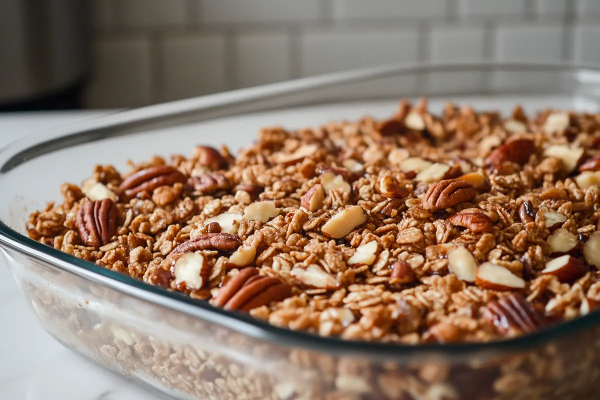 Tips for Praline Crunch Ingredients: - 8 cups Crispix cereal 北 - 2 cups pecan halves I use salted 樂 - cup packed brown sugar - cup corn syrup - cup butter 杻 - 1 tsp vanilla extract - tsp baking soda 離 Instructions: 1. Preheat oven to 250ºF . 2. In a large bowl, mix the cereal and pecans together 籠. 3. In a large saucepan over medium-high heat, add brown sugar, corn syrup, and butter. Bring to a boil, stirring occasionally. Remove from heat and add vanilla and baking soda. Pour this mixture over the cereal and pecans, stirring to coat evenly . 4. Spread the coated cereal mix into a 9x13-inch pan. Bake for 1 hour, stirring every 20 minutes . 5. Spread the mixture on wax or parchment paper to cool, then break it into pieces .