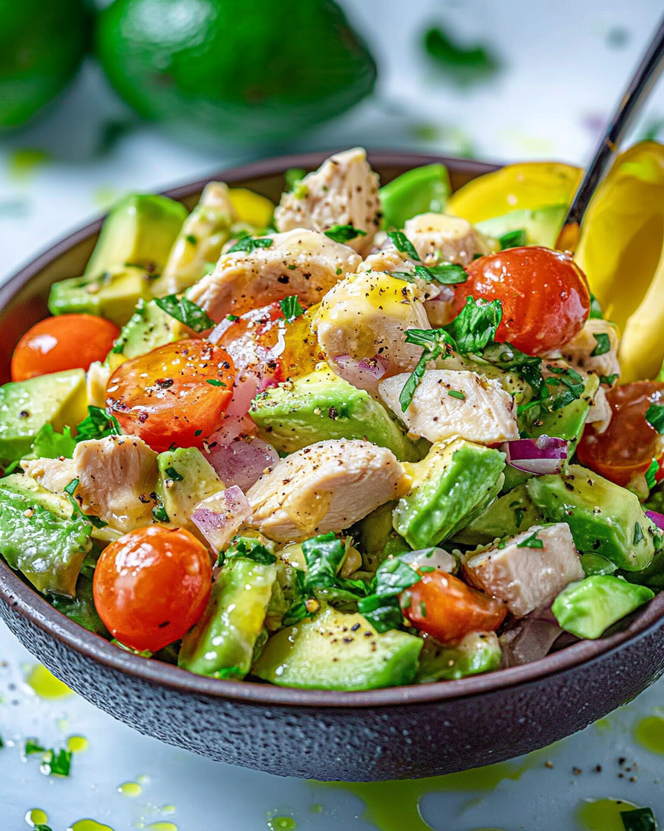 a bowl of avocado chicken salad