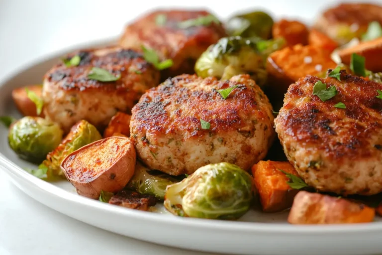 a plate of food on a white surface Chicken Cutlets with Brussels Sprouts & Sweet Potatoes