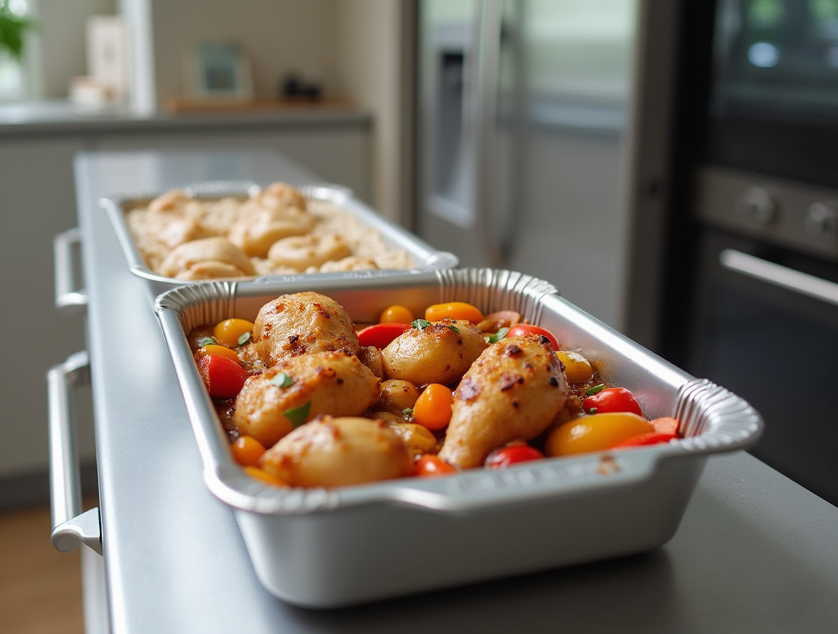 a trays of food on a counter