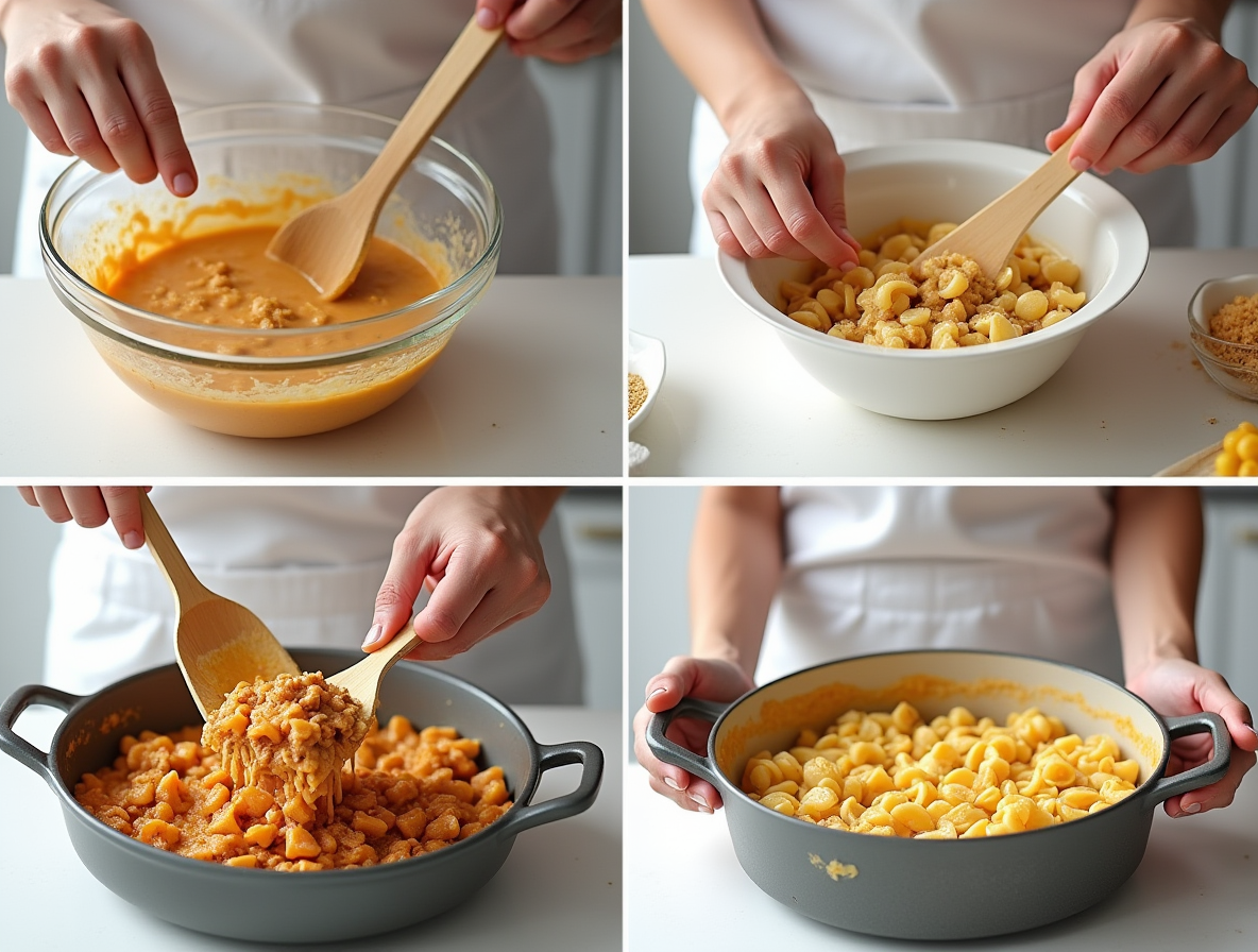 show a distinct step of preparing Creamy Beef and Shells RECIPE in a home kitchen