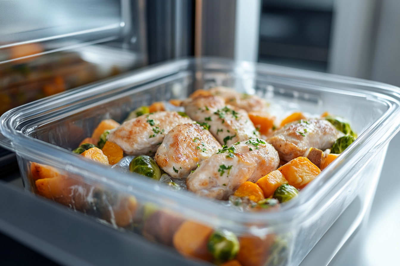 a tray of food in a microwave