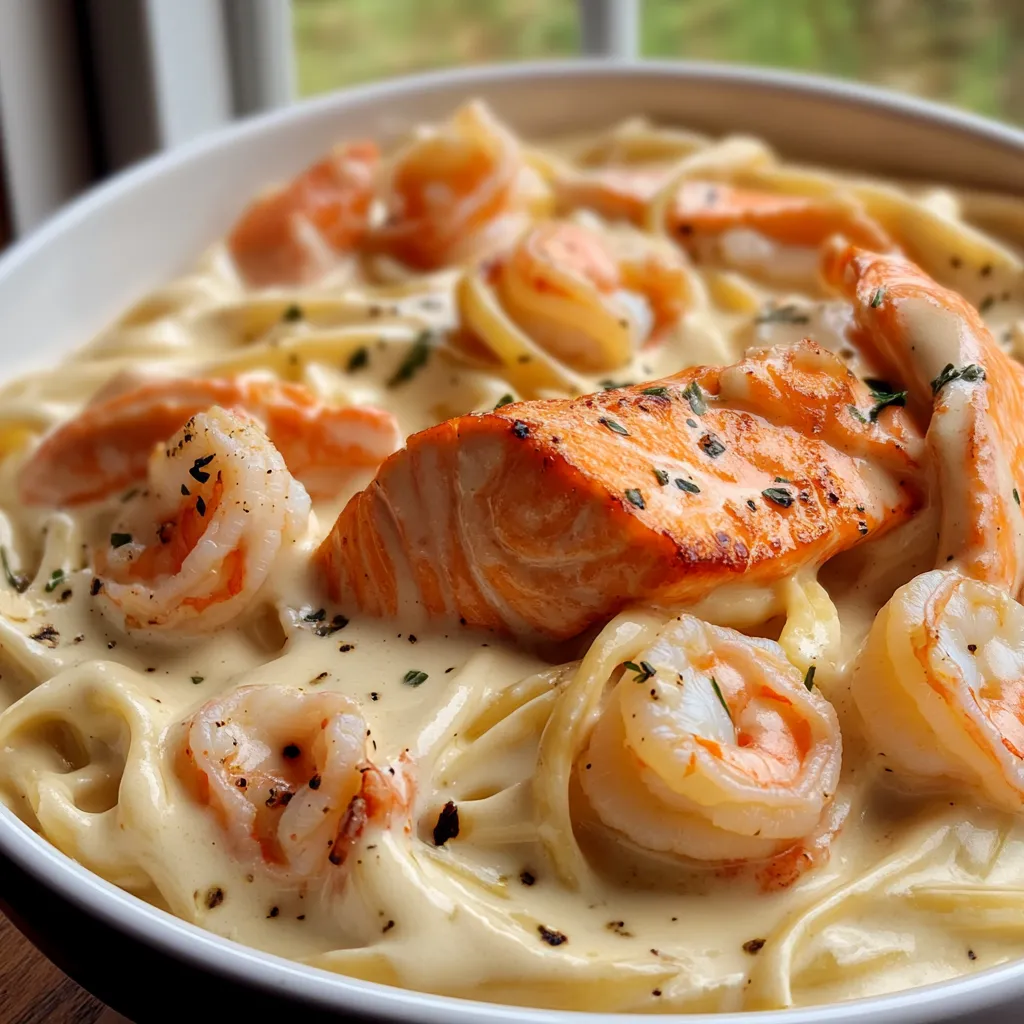 Creamy Salmon and Shrimp Alfredo Delight