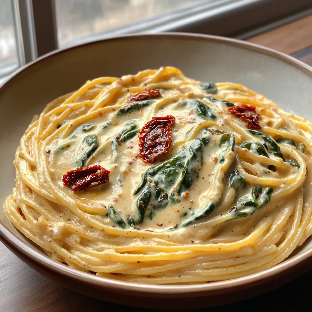 Spaghetti & Spinach with Sun-Dried Tomato Cream Sauce